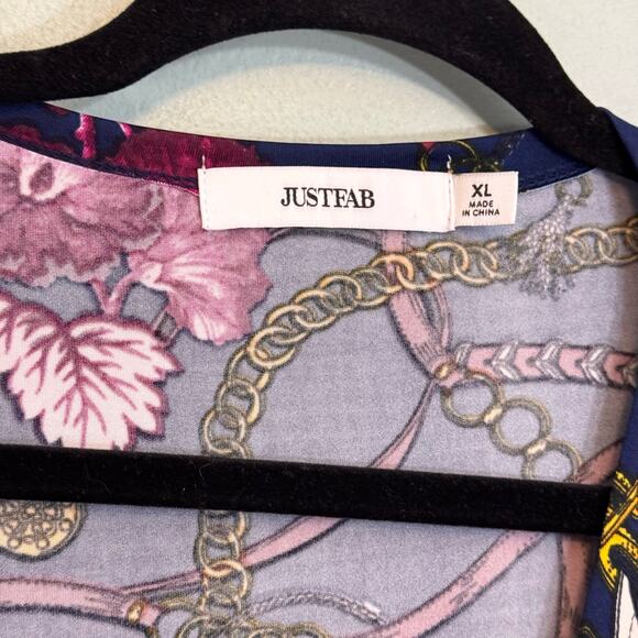 JustFab Mini Wrap Dress XL Blue Multi Chain Floral Tie Waist Surplice Equestrian - Picture 7 of 8